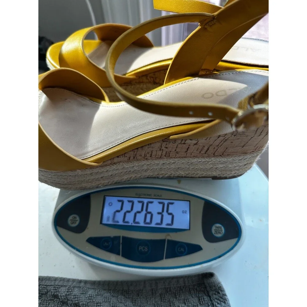 Aldo Sandals Women 9 Yellow Cork Platform Wedge Shoe Ankle Strap Festival Boho